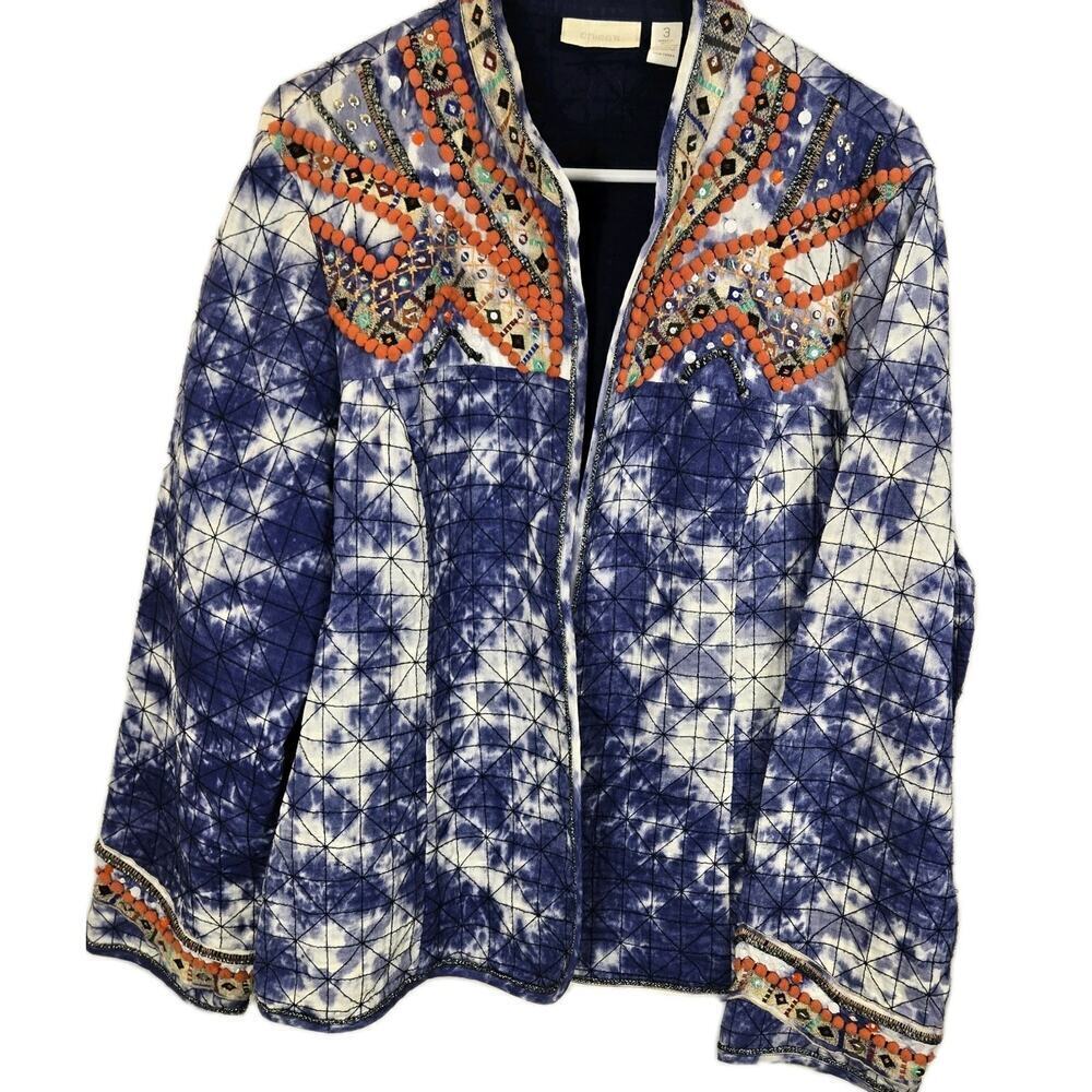 Chico's Quilted Jacket Blue Tie Dye Shibori Open Front Embroidered Sz 3 (XL)